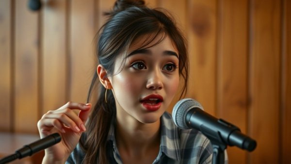 Animated woman speaking into a microphone, casual wooden setting.