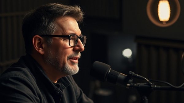 Man discussing brain hack for productivity in a dark podcast studio.