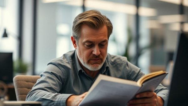 Mature man in modern office reading about natural ingredients that kill parasites.