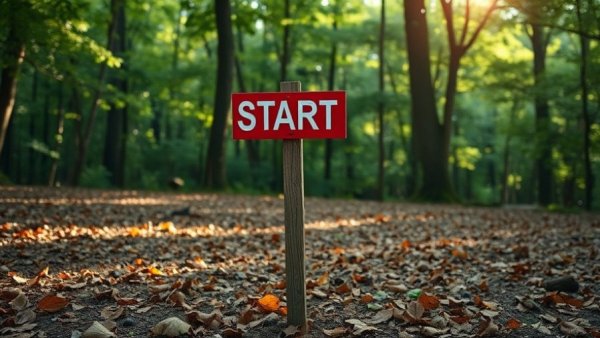Wooden 'START' signpost in a serene forest setting, enhancing productivity mindset.