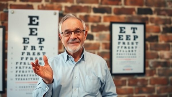 Professional man pointing at an eye chart promoting vision health.