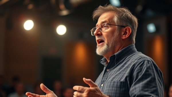 Middle-aged man delivering motivational speech on making love last, on stage.