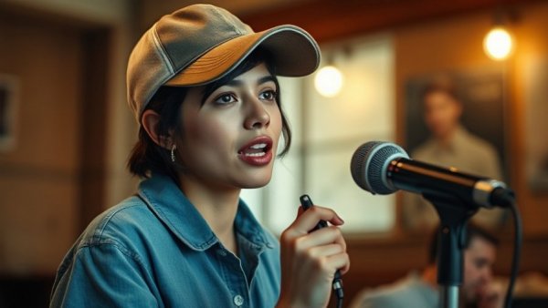 Casual woman discussing Rhonda Patrick's protein powder of choice, indoors.