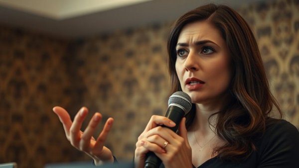 Woman discussing nutrition during menopause on a podcast.