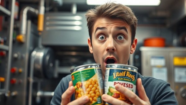 Surprised person with canned food; relates to food definitions and health scams.