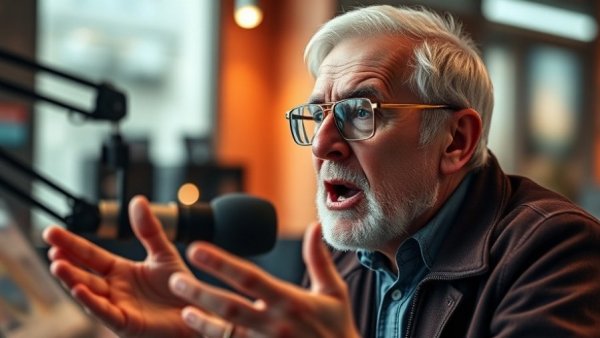 Elderly man explaining in a podcast studio, discussing how to erase age spots naturally.