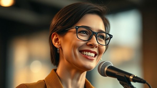 Confident woman with glasses speaks into a microphone, indoor setting.