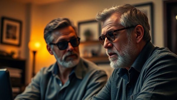 Man discussing therapy in a cozy office setting, warm lighting.