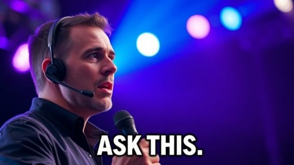 Motivational speaker on stage with text overlay 'ASK THIS' for success talks.