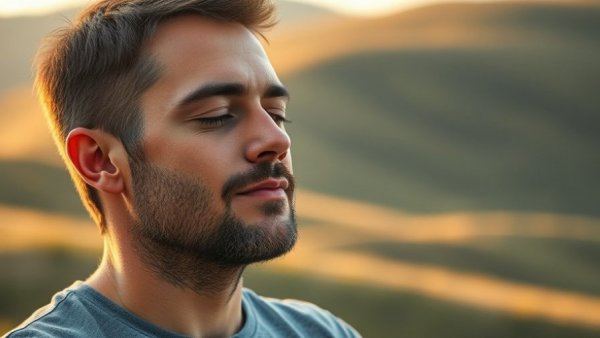 Calm man meditating in peaceful setting at sunset.