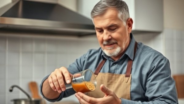 Middle-aged man demonstrating mayo hack for health in kitchen.
