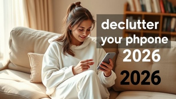 Cozy setting with woman decluttering phone for better productivity, text overlay.