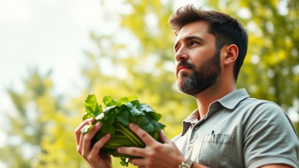 Thoughtful man with simple nutrition, holding vegetable outside.