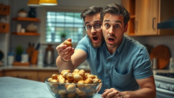 Shocked man with Brazil nuts highlighting health benefits.