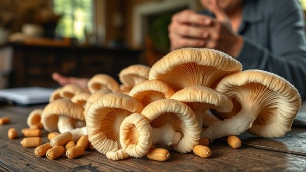 Lion's Mane mushroom benefits with capsules and speaker.