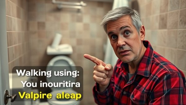 Nocturia and sleep disruption; man points to bathroom scene highlighting waking up.