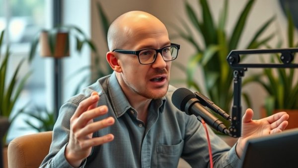 Man discussing at a podcast setup with microphone, warm lighting.
