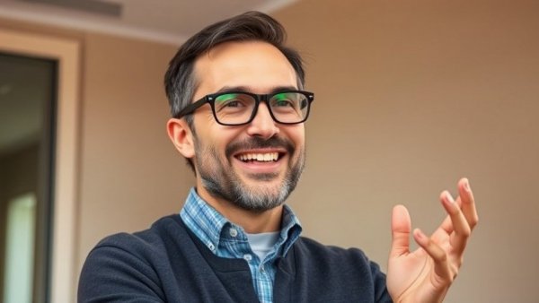 Confident man discussing Indigo brain booster indoors, warm lighting.
