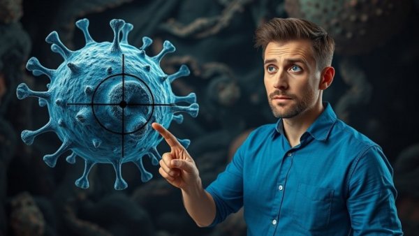Conceptual illustration of cancer cell with man pointing at it.