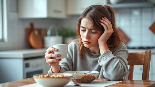 Fatigued woman holding coffee, illustrating sleep deprivation effect.