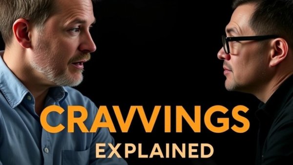 Two men explaining cravings, text overlay, cinematic style.