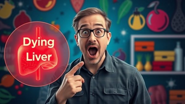Surprised man with liver illustration highlighting health issue.