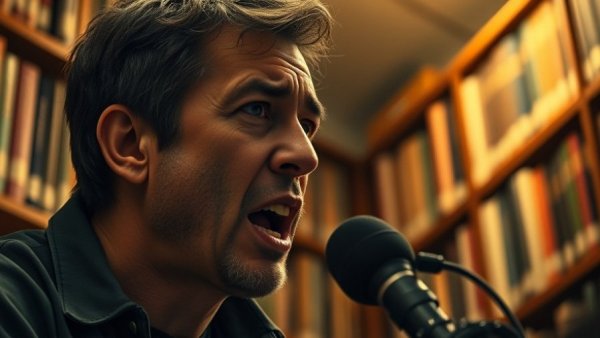 Man discussing mental wellness in high-stress jobs intensely on a podcast.