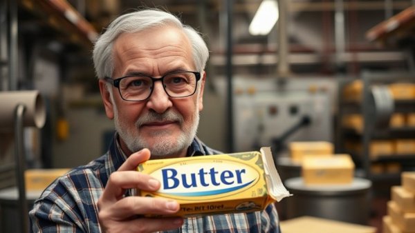 Older man holding butter in a factory, avoid certain butter brands.
