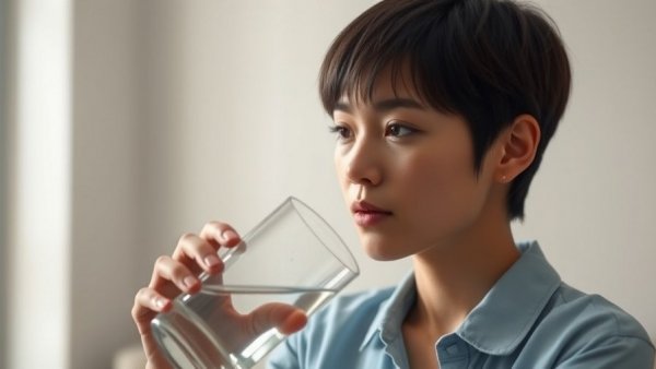Young woman sipping water in a serene setting, highlighting 'Are 85% of supplements fake?'