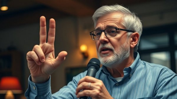 Speaker discussing overcoming limiting beliefs, indoor warm setting.