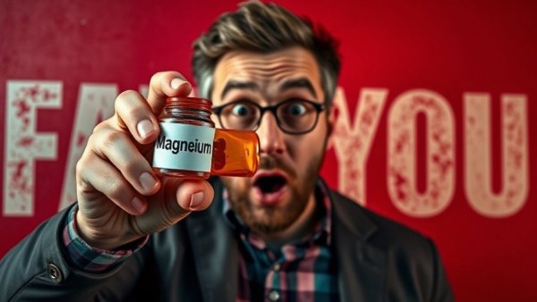 Surprised man holding magnesium capsule, highlighting magnesium absorption issues.
