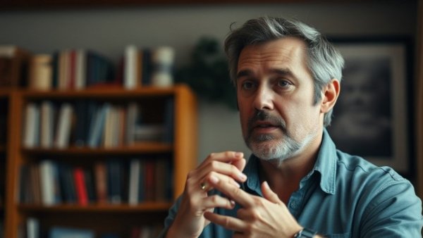 Middle-aged man speaking in a thoughtful, stress-free setting indoors.