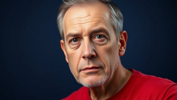 Contemplative middle-aged man wearing red shirt, photorealistic portrait.
