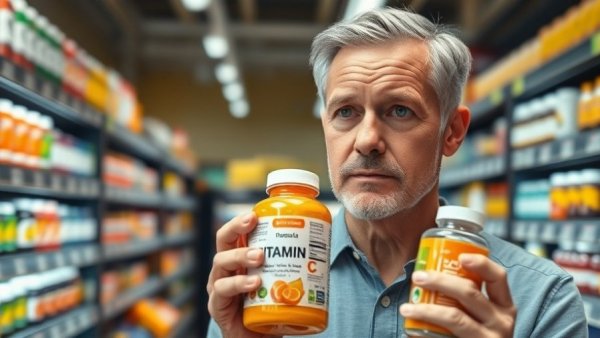 Man holding Vitamin C bottle in store, immune health focus