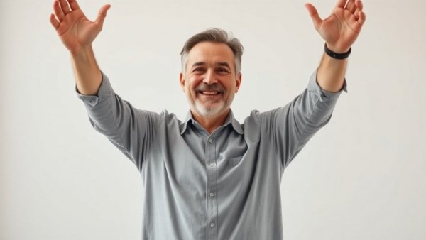 Man confidently posing with arms raised in bright room.