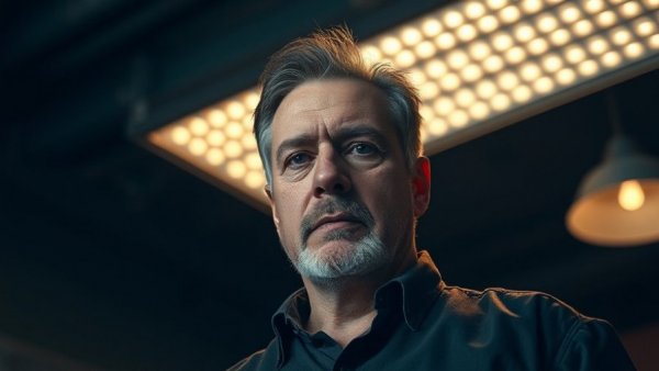 Indoor lighting health effects: man under intense LED light.