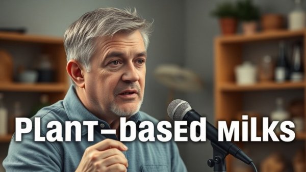 Man in studio with text about plant-based milks.