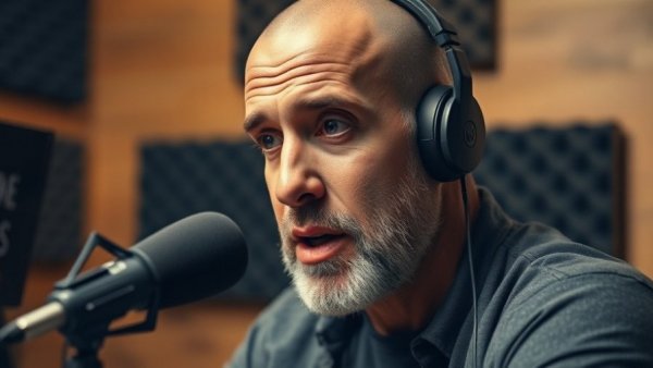 Middle-aged man discussing pain relief through practical movement in a podcast setting.