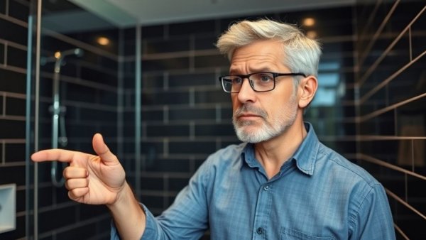 Chronic Stress Effects on Health: man in bathroom concerned about health.
