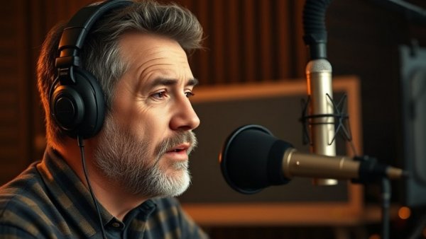 Middle-aged man speaking in a podcast studio setup.