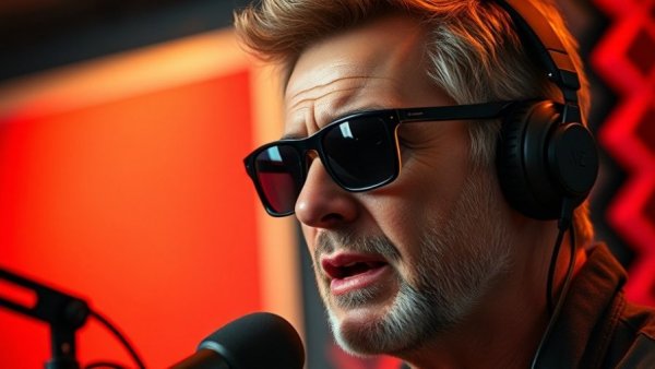 Man in podcast studio discussing hydration, never drink water without salt message.