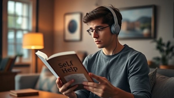 Young man contemplating self-help book in cozy living room.