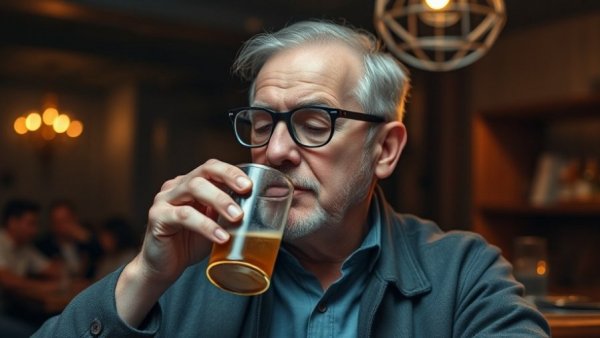 Older man with yellow glasses enjoying coffee indoors, related to coffee and nicotine.