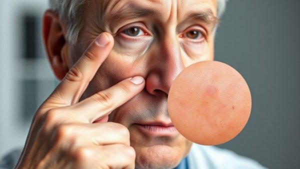 Middle-aged man pointing at age spots and clear skin comparison
