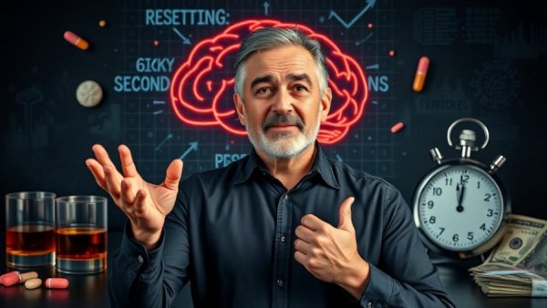 Stop the Addiction Impulse in 60 Seconds motivational image with a thinking man.