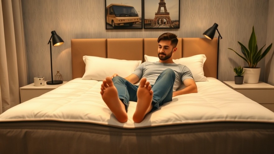 Young man enjoying a cooling mattress in a cozy, stylish bedroom, assessing comfort and sleep quality.