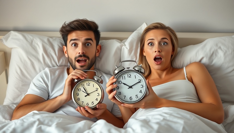 Surprised couple in bed reacting to daylight savings time.