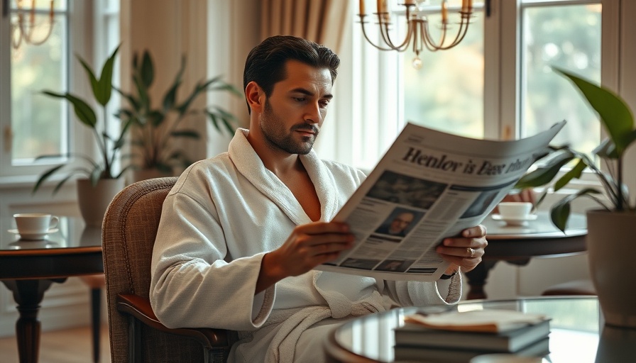 Relaxed person reading newspaper at breakfast table in serene dining area.