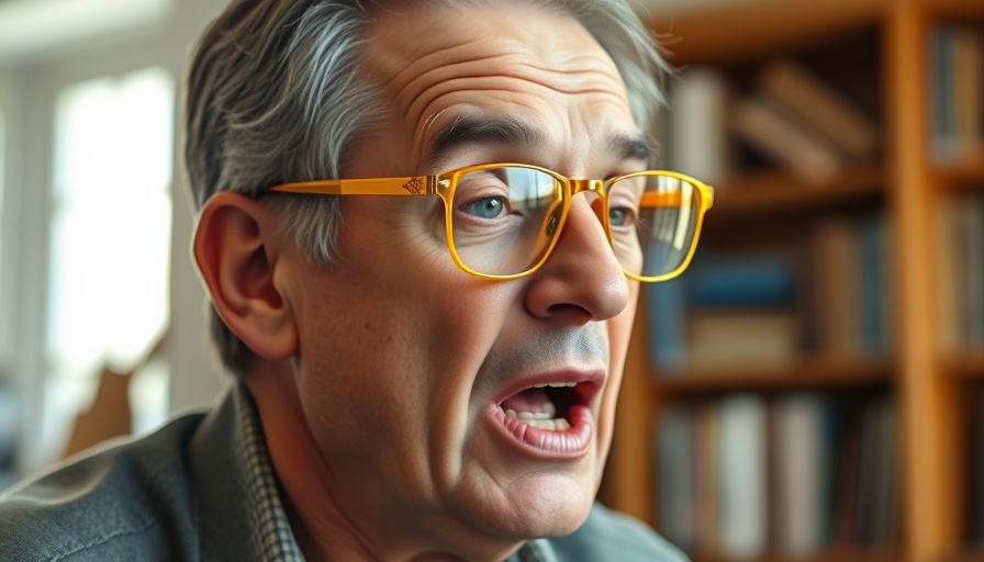 Animated man with yellow-tinted glasses speaking indoors.