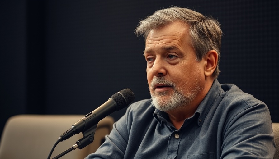 Man speaking in microphone against dark background
